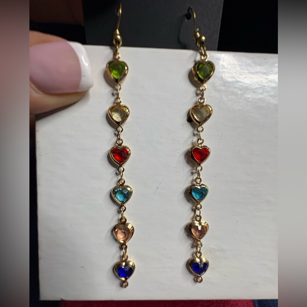 SOLD Earrings Gold Colorful Heart Drop Earrings Long Dangles - Picture 2 of 5